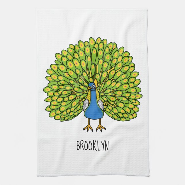 Fun bright peacock bird illustration tea towel (Vertical)