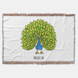 Fun bright peacock bird illustration throw blanket