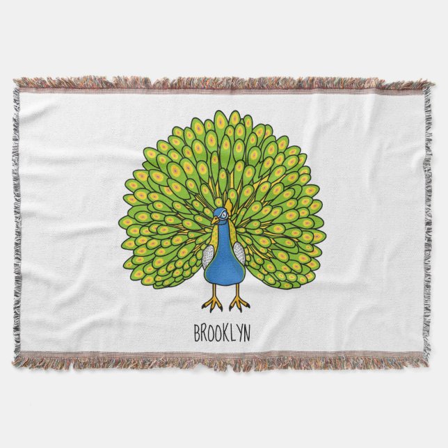 Fun bright peacock bird illustration throw blanket (Front)