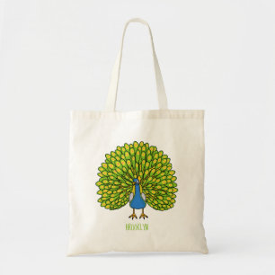 Fun bright peacock bird illustration tote bag