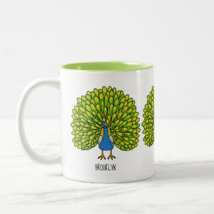 Fun bright peacock bird illustration Two-Tone coffee mug