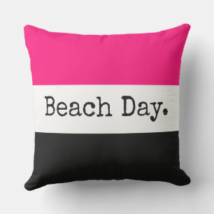 Fun Bright Pink Black White Stripes "Beach Day" Cushion