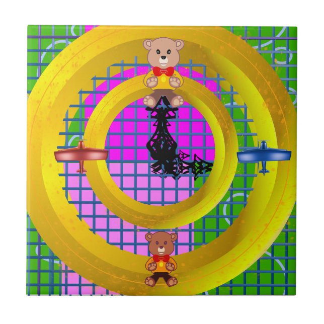 Fun Bright Pink Blocks on GoldRing Green Geometric Ceramic Tile (Front)