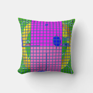 Fun Bright Pink Blocks on GoldRing Green Geometric Cushion