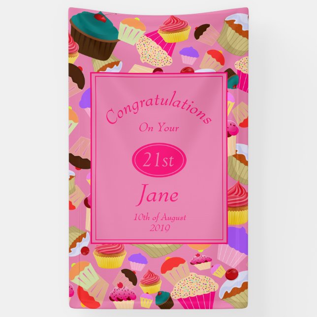 Fun, Bright Pink Cupcake Any Age Birthday Banner (Vertical)