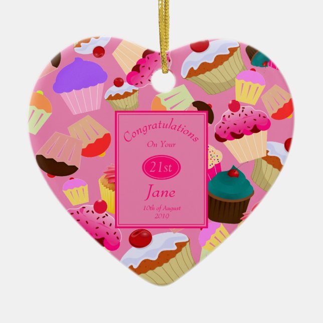 Fun, Bright Pink Cupcake Any Age Birthday Gift Ceramic Ornament (Front)