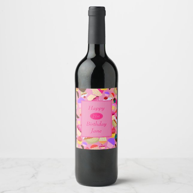 Fun, Bright Pink Cupcake Any Age Birthday Party Wine Label (Front)
