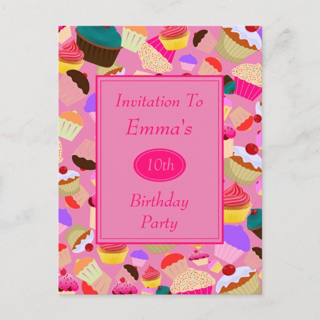 Fun, Bright Pink Cupcake Birthday Invitation Postcard (Front)
