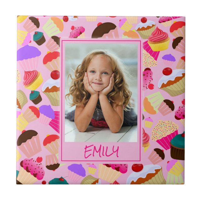 Fun Bright Pink Cupcake – Custom Photo Ceramic Tile (Front)
