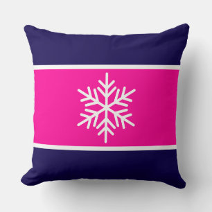 Fun Bright Pink Navy Blue White Stripes Snowflake Cushion