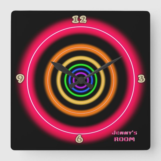 Fun Bright Pink Neon Light Style Personalised Wall Square Wall Clock (Front)