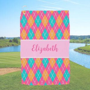 Fun Bright pink preppy argyle custom name ladies Golf Towel