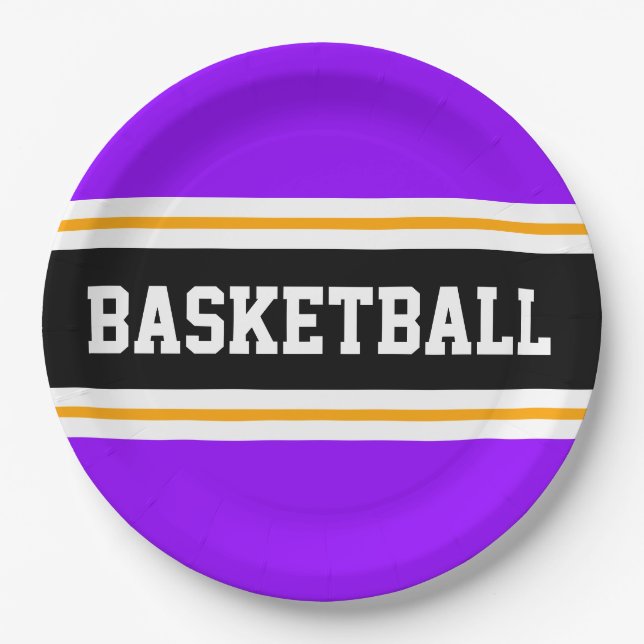 Fun Bright Purple Black Yellow BASKETBALL Stripes Paper Plate (Front)