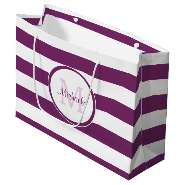 Fun Bright Purple Horizontal Stripes With Monogram Large Gift Bag (Front Angled)