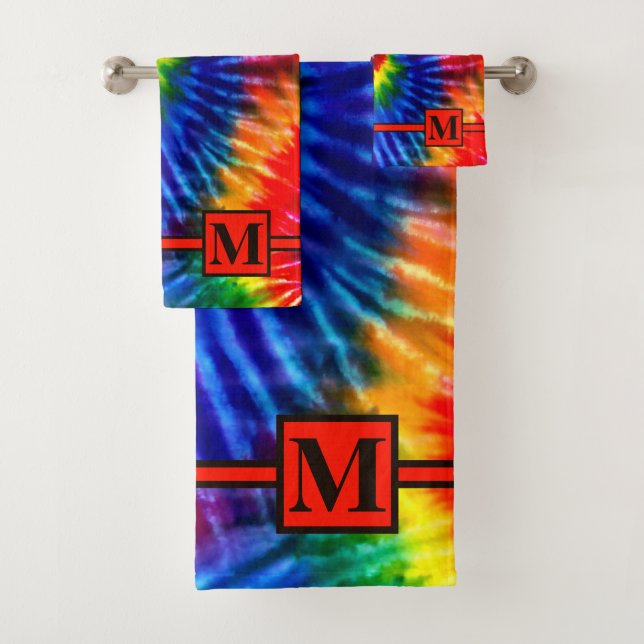 Fun Bright Rainbow Retro Tie Dye Red Monogrammed Bath Towel Set (Insitu)