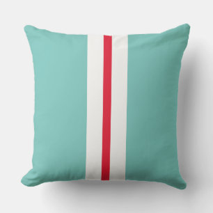 Fun Bright Red White Racing Stripes On Light Teal Cushion