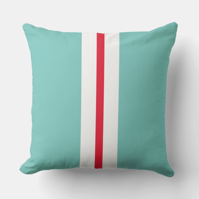 Fun Bright Red White Racing Stripes On Light Teal Cushion (Front)