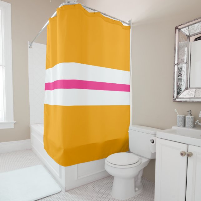 Fun Bright Yellow Pink White Centre Racing Stripes Shower Curtain (In Situ)