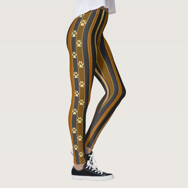 Fun Brown and Faux Gold Side Trail Of Paw Prints L Leggings (Right)