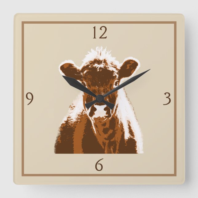 Fun Brown Cow Farm Animal Square Wall Clock (Front)
