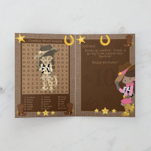 Fun Brown Girls Cowboy Word Search Happy Birthday Card