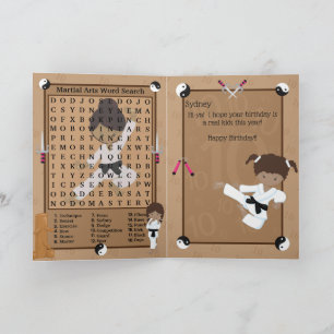 Fun Brown Girls Karate Word Search Happy Birthday Card