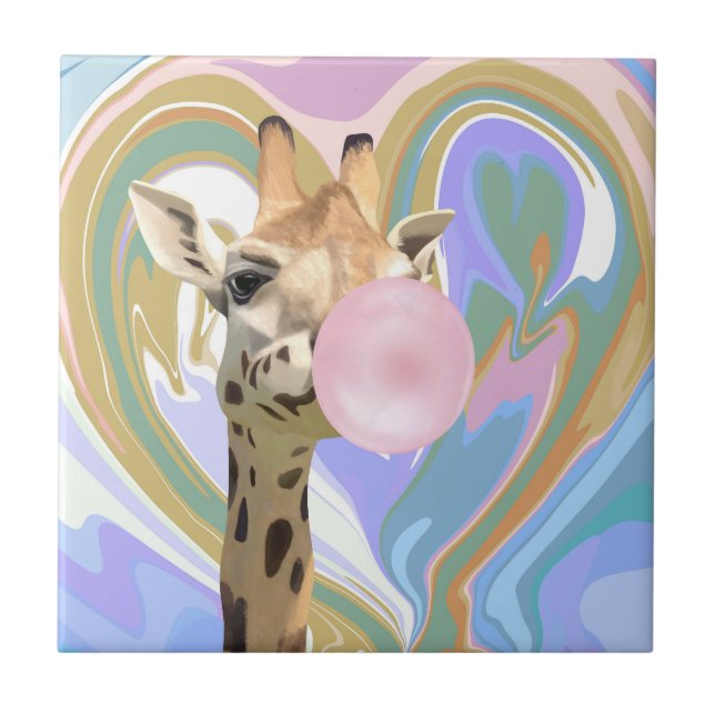 Fun Bubblegum Blowing Giraffe Liquid Swirl Blue Ceramic Tile (Front)