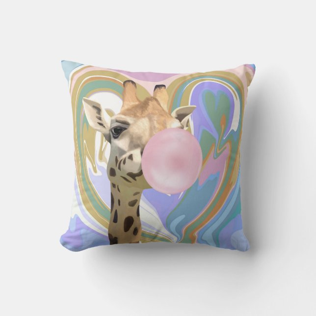 Fun Bubblegum Blowing Giraffe Liquid Swirl Blue Cushion (Front)