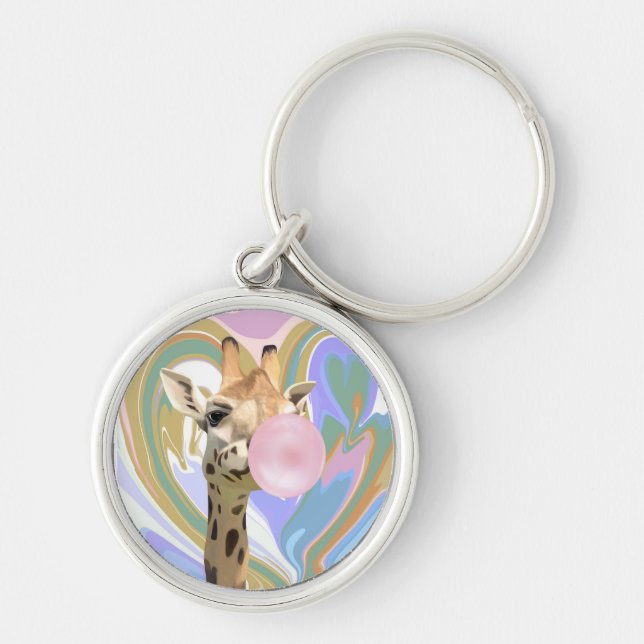 Fun Bubblegum Blowing Giraffe Liquid Swirl Blue Key Ring (Front)