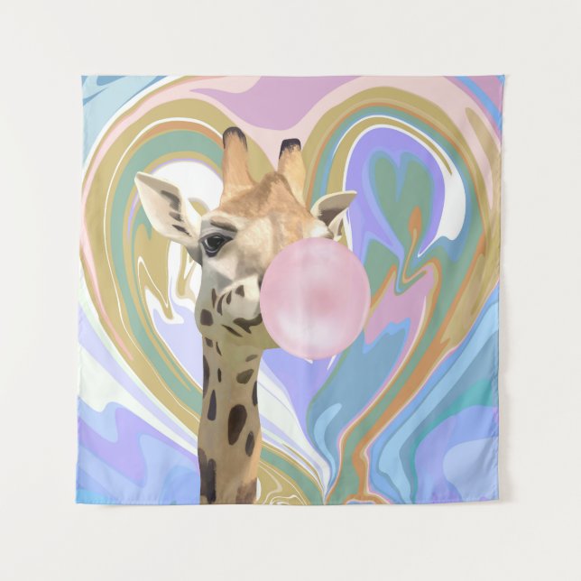 Fun Bubblegum Blowing Giraffe Liquid Swirl Blue Tapestry (Front)