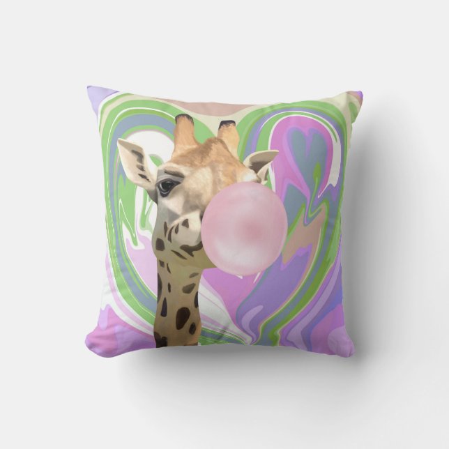 Fun Bubblegum Blowing Giraffe Liquid Swirl Purple Cushion (Front)