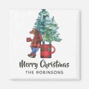Fun Buffalo Plaid Lumberjack Bear Christmas Magnet