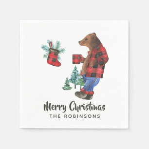 Fun Buffalo Plaid Lumberjack Bear Christmas Party Napkin