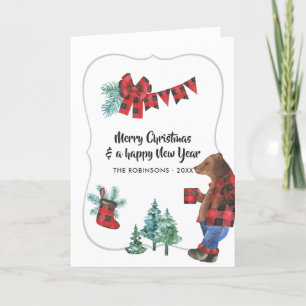 Fun Buffalo Plaid Lumberjack Bear Christmas Photo Holiday Card