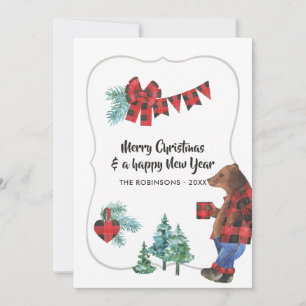 Fun Buffalo Plaid Lumberjack Bear Christmas Photo Holiday Card