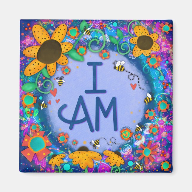 Fun Bumblebee Blue Pretty I AM Inspiring Floral Magnet (Front)