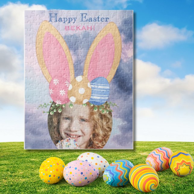 Fun Bunny Ears Custom Name & Photo Easter Gift  Jigsaw Puzzle (easter puzzle bunny ears gift
)