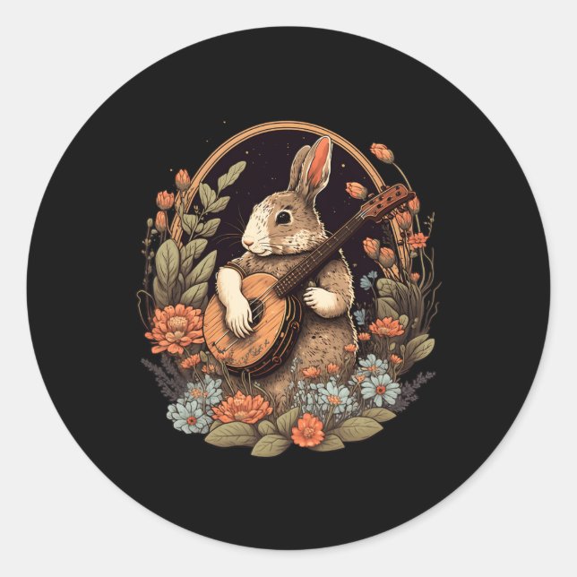 Fun Bunny Playing Banjo Guitar Music Rabbit Happy  Classic Round Sticker (Front)