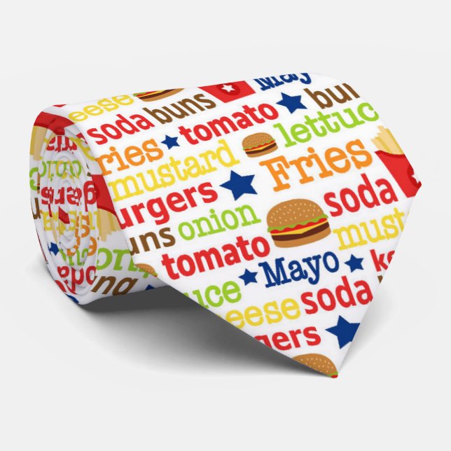 Fun burgers and fries word art pattern tie (Rolled)