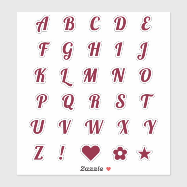 Fun Burgundy Alphabet Initial Monogram Letters (Sheet)