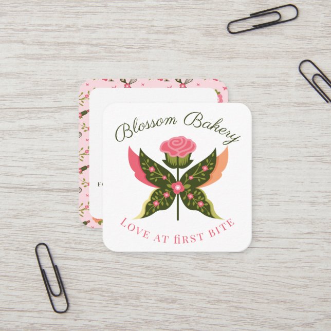 Fun Butterfly Blossom Floral Garden Bakery Cupcake Square Business Card (Front/Back In Situ)