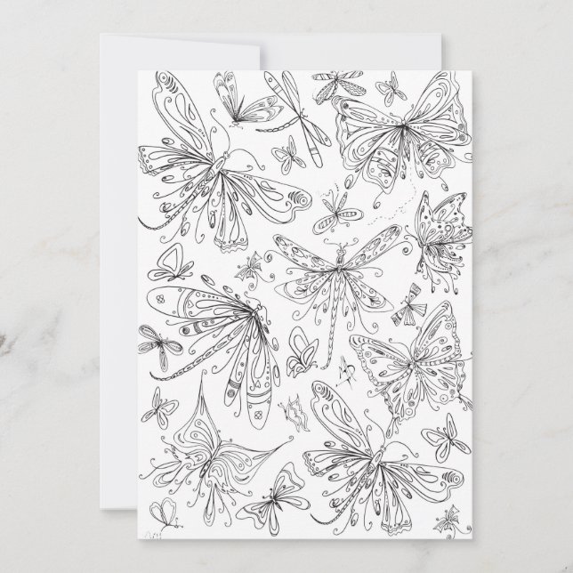 Fun Butterfly Dragonfly Whimsical Colouring Card (Front)