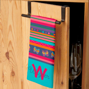 Fun Butterfly Stripe Stylish Initial Last Name Tea Towel