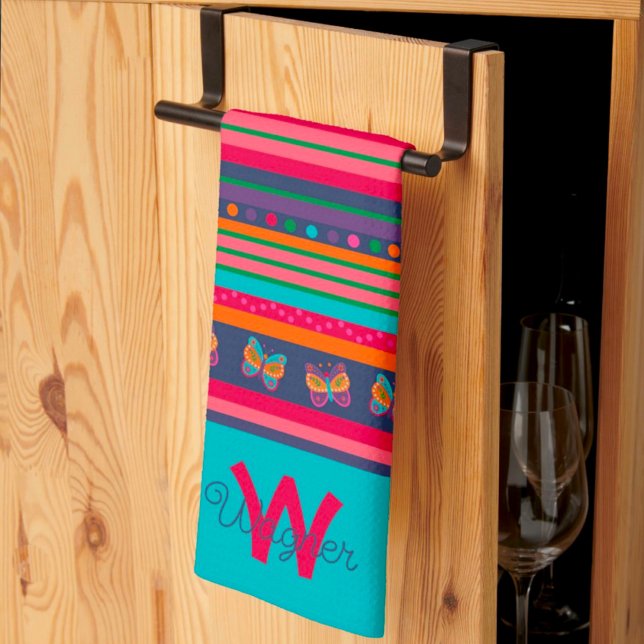 Fun Butterfly Stripe Stylish Initial Last Name Tea Towel (Creator Uploaded)
