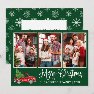 Fun Calligraphy 3 Photo Christmas Red Truck Green Holiday Card