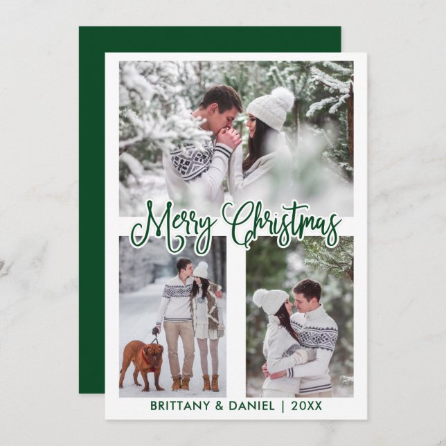 Fun Calligraphy 3 Photo Couple Christmas Green Holiday Card (Front/Back)