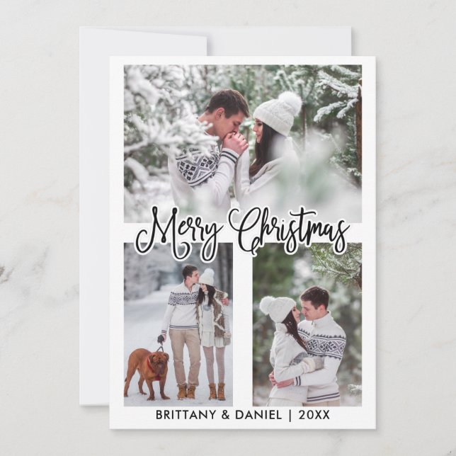 Fun Calligraphy 3 Photo Couple Christmas Holiday Card (Front)
