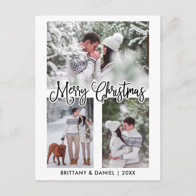 Fun Calligraphy 3 Photo Couple Christmas Holiday Postcard (Front)