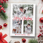 Fun Calligraphy 3 Photo Couple Christmas Red Postcard<br><div class="desc">Modern Fun Calligraphy Script Merry Christmas Couple Photo Postcard - 3 Photos - Red Script</div>