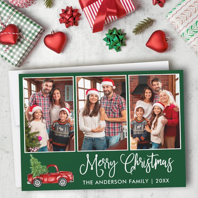 Fun Calligraphy 3 Photo Green Christmas Red Truck Holiday Card (Customize to add text to back of card.)